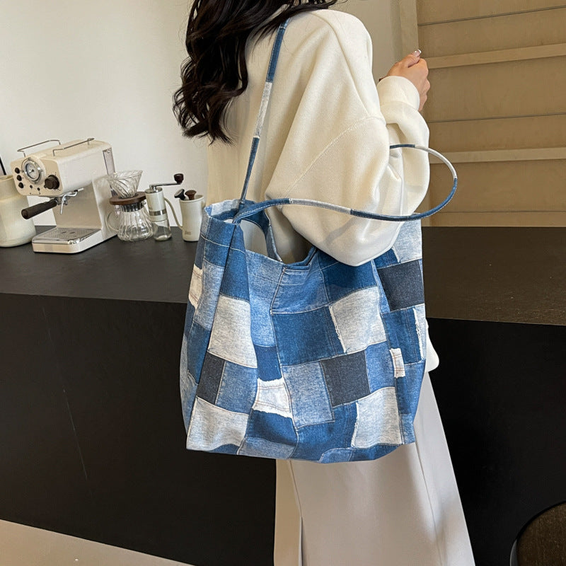 Women's Large Capacity Denim Color-contrast Check Idle Style Shoulder Commute Leisure Handbag