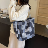 Women's Large Capacity Denim Color-contrast Check Idle Style Shoulder Commute Leisure Handbag